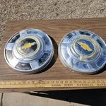 Lot 2 Vintage Chevy Pickup Truck Dog Dish Hub Cap Aluminum Chevrolet Logo Man. Fixed Price $67.00.