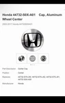 01-11 Honda Civic Crv Accord Odyssey Element Hub Cap 44732-S0X-A000 (HC-17B#3). Fixed Price $12.00.