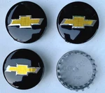 4PS Of Chevrolet Center Caps 3.25 83MM Black Glossy With Yellow Bowtie 22837060. Fixed Price $21.99.